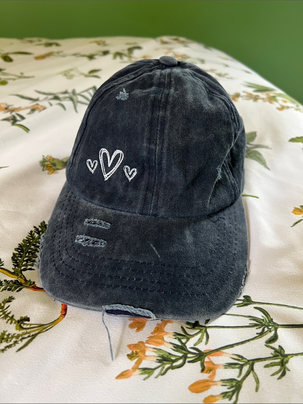 Embroidered Heart Distressed Baseball Cap - Blue — ponytail hat